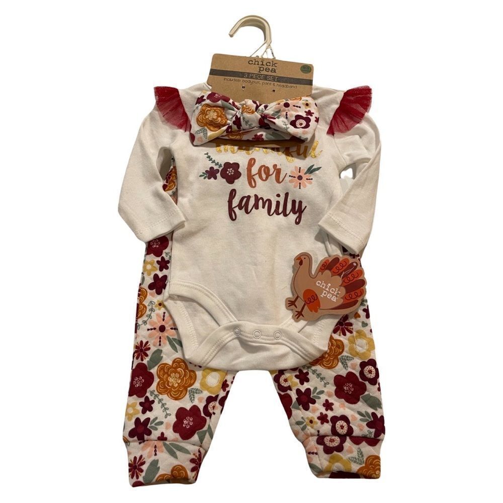 Chick Pea 3 Piece Bodysuit + Pants + Headband Thankful for Family 0-3 Month NWT